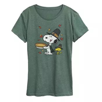 Женская футболка Peanuts Snoopy & Woodstock с рисунком сцены Дня благодарения Licensed Character, цвет Heather Green