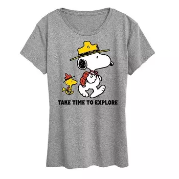 Женская футболка Peanuts Snoopy & Woodstock Take Time to Explore с графическим рисунком Licensed Character, цвет Heather Gray