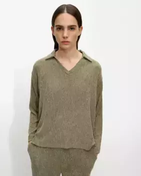 Женская футболка-поло с длинными рукавами и фактурным воротником, однотонная Parfois, хаки