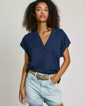 Женская футболка-поло с V-образным вырезом Pepe Jeans, тёмно-синий