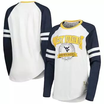Женская футболка Pressbox с длинными рукавами белого/темно-синего цвета West Virginia Mountaineers Brooking Sleeve Stripe реглан