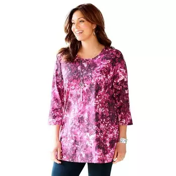Женская футболка размера плюс Petite Easy Fit с круглым вырезом и рукавами 3/4 Catherines, цвет Rich Burgundy Abstract