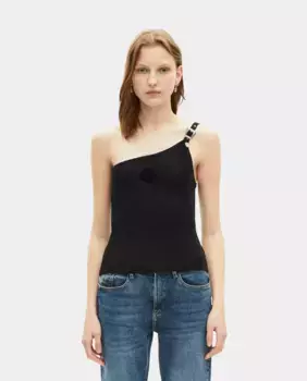 Женская футболка с асимметричными бретелями в рубчик The Kooples, черный