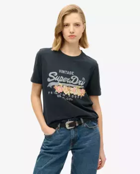 Женская футболка с цветочным принтом и логотипом Vintage Premium Superdry, тёмно-синий