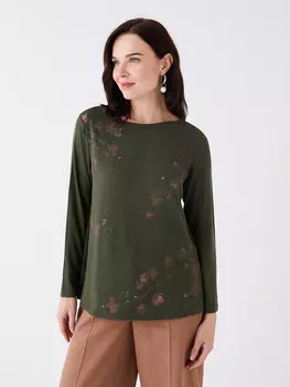 Женская футболка с длинным рукавом и круглым вырезом с цветочным принтом LCW Grace, темно-зеленый