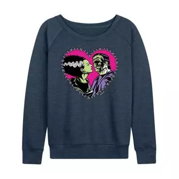 Женская футболка с длинным рукавом из французского трикотажа Universal Monsters Frankenstein & Bride с вышитым сердцем Licensed Character, индиго
