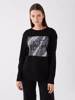 Женская футболка с длинным рукавом с круглым вырезом и принтом LCW ECO, новый черный