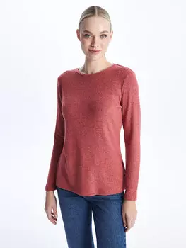Женская футболка с длинным рукавом с круглым вырезом и рисунком LCWAIKIKI Basic, светло-красный меланж