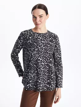 Женская футболка с длинным рукавом с круглым вырезом и рисунком LCW Grace, черный с принтом