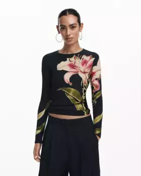 Женская футболка с длинным рукавом с принтом орхидеи Desigual, черный