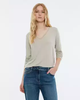 Женская футболка с длинными рукавами и V-образным вырезом Andam, бежевый