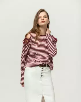 Женская футболка с длинными рукавами, круглым вырезом и открытыми плечами Noon, бордовый