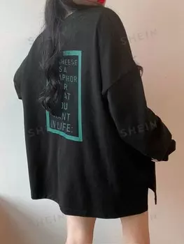 Женская футболка с длинными рукавами, надписью, заниженной линией плеч Dazy, черный