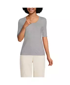 Женская футболка с драпировкой, облегающая, с рукавом 3/4 и круглым вырезом Lands' End, серый