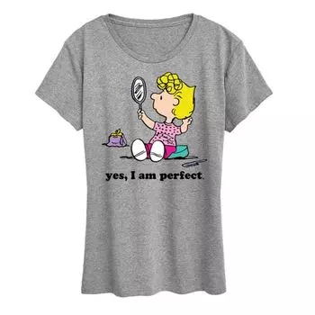 Женская футболка с графическим принтом «Peanuts Sally Yes I Am Perfect» Licensed Character, серый