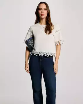 Женская футболка с коротким рукавом и аппликациями из гипюрового кружева Morgan, белый