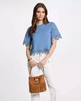 Женская футболка с коротким рукавом и аппликациями из гипюрового кружева Morgan, синий