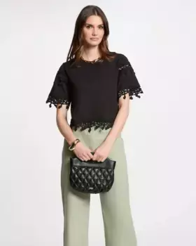 Женская футболка с коротким рукавом и аппликациями из гипюрового кружева Morgan, черный