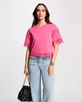 Женская футболка с коротким рукавом и аппликациями из гипюрового кружева Morgan, розовый