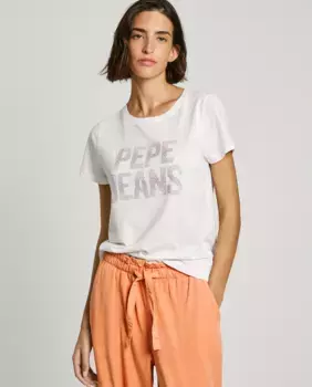 Женская футболка с коротким рукавом и логотипом из стразов Pepe Jeans, белый