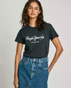 Женская футболка с коротким рукавом и напечатанным логотипом Pepe Jeans, черный