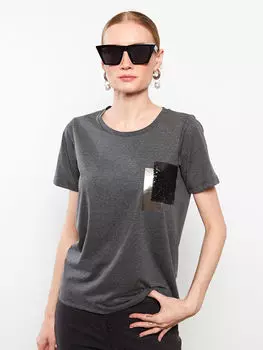 Женская футболка с коротким рукавом и вышивкой с круглым вырезом и пайетками LCWAIKIKI Classic