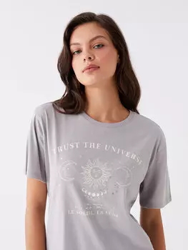 Женская футболка с коротким рукавом с круглым вырезом и принтом LCW Casual, серый