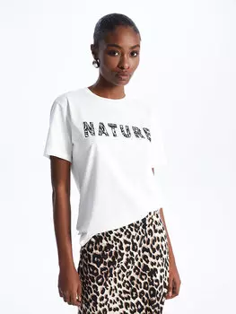 Женская футболка с коротким рукавом с круглым вырезом и принтом LCW Casual, экрю