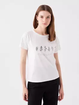 Женская футболка с коротким рукавом с круглым вырезом и принтом LCWAIKIKI Classic, экрю