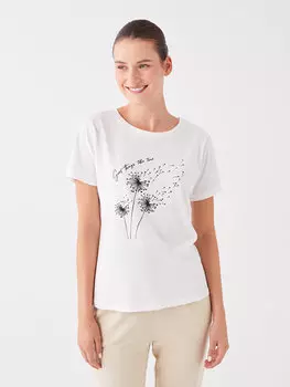 Женская футболка с коротким рукавом с круглым вырезом и принтом LCWAIKIKI Classic, экрю