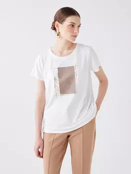 Женская футболка с коротким рукавом с круглым вырезом и принтом LCWAIKIKI Classic, экрю