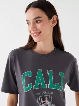 Женская футболка с коротким рукавом с круглым вырезом и принтом LCW Casual, антрацит