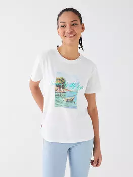 Женская футболка с коротким рукавом с круглым вырезом и принтом LCW Casual, экрю