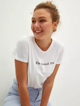 Женская футболка с коротким рукавом с круглым вырезом и принтом LCW Casual, оптический белый