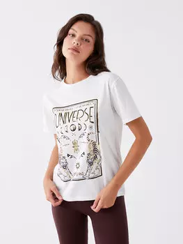 Женская футболка с коротким рукавом с круглым вырезом и принтом LCW Casual, экрю