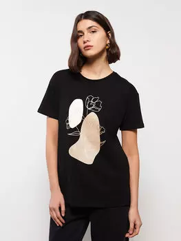 Женская футболка с коротким рукавом с круглым вырезом и принтом LCWAIKIKI Classic, новый черный