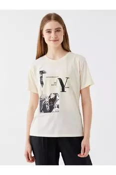 Женская футболка с коротким рукавом с круглым вырезом и принтом LC Waikiki, темно-синий