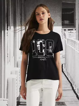 Женская футболка с коротким рукавом с круглым вырезом в стиле Ататюрка LCW Casual, новый черный