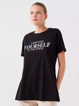 Женская футболка с коротким рукавом с круглым вырезом и принтом LCW Active, новый черный