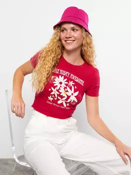 Женская футболка с коротким рукавом с круглым вырезом и принтом LCW Casual