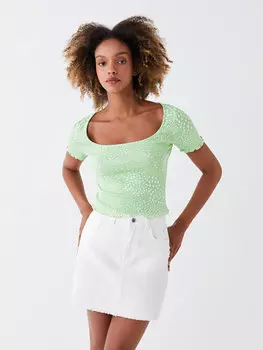 Женская футболка с коротким рукавом с квадратным вырезом и рисунком LCW Casual