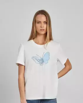 Женская футболка с коротким рукавом, вышитой бабочкой и круглым вырезом Alma en Pena, синий