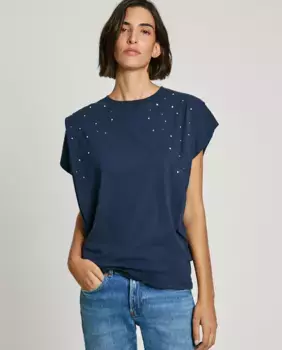 Женская футболка с короткими рукавами и деталями со стразами Pepe Jeans, тёмно-синий