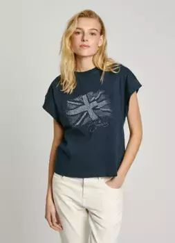 Женская футболка с круглым вырезом и флагом со стразами Pepe Jeans, тёмно-синий