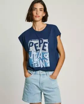 Женская футболка с круглым вырезом и крупным принтом логотипа Pepe Jeans, тёмно-синий