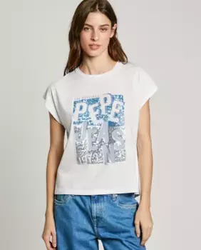 Женская футболка с круглым вырезом и крупным принтом логотипа Pepe Jeans, белый