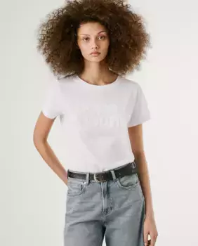 Женская футболка с круглым вырезом и вышитым блестками логотипом Pepe Jeans, белый