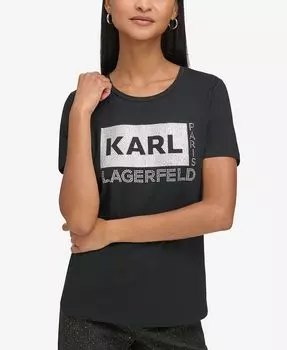 Женская футболка с квадратным логотипом и декором KARL LAGERFELD PARIS, черный