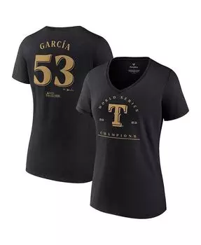 Женская футболка с логотипом Adolis Garcia Black Texas Rangers 2023 World Series Champions, футболка больших размеров с именем и номером и v-образным вырезом Fanatics, черный