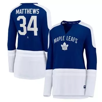 Женская футболка с логотипом Fanatics Auston Matthews синего/белого цвета Toronto Maple Leafs Power Player с длинным рукавом и вырезом в горловине Fanatics